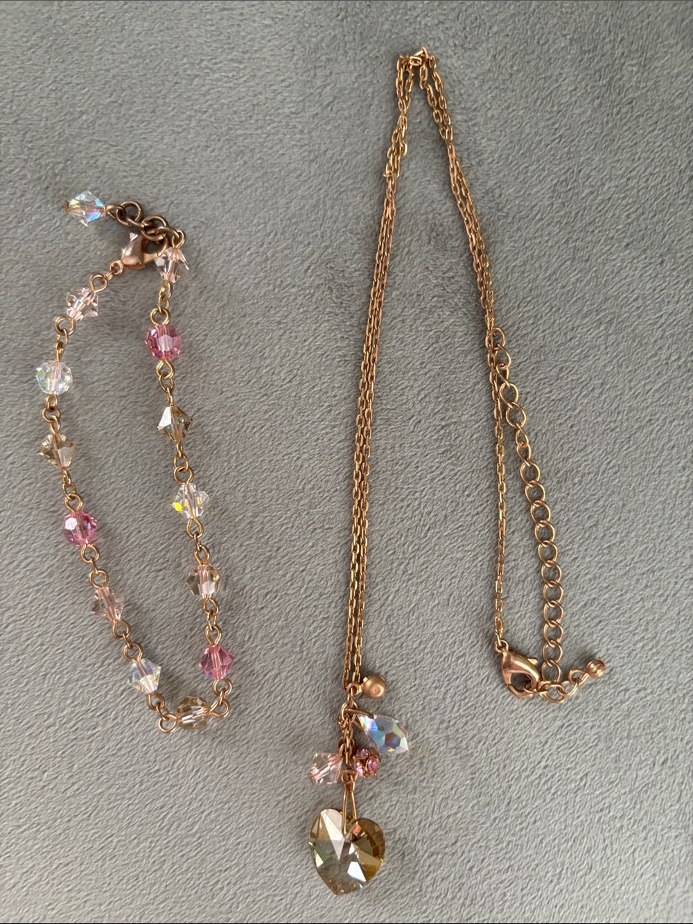 Rose Gold Crystal Heart Necklace and Bracelet Set